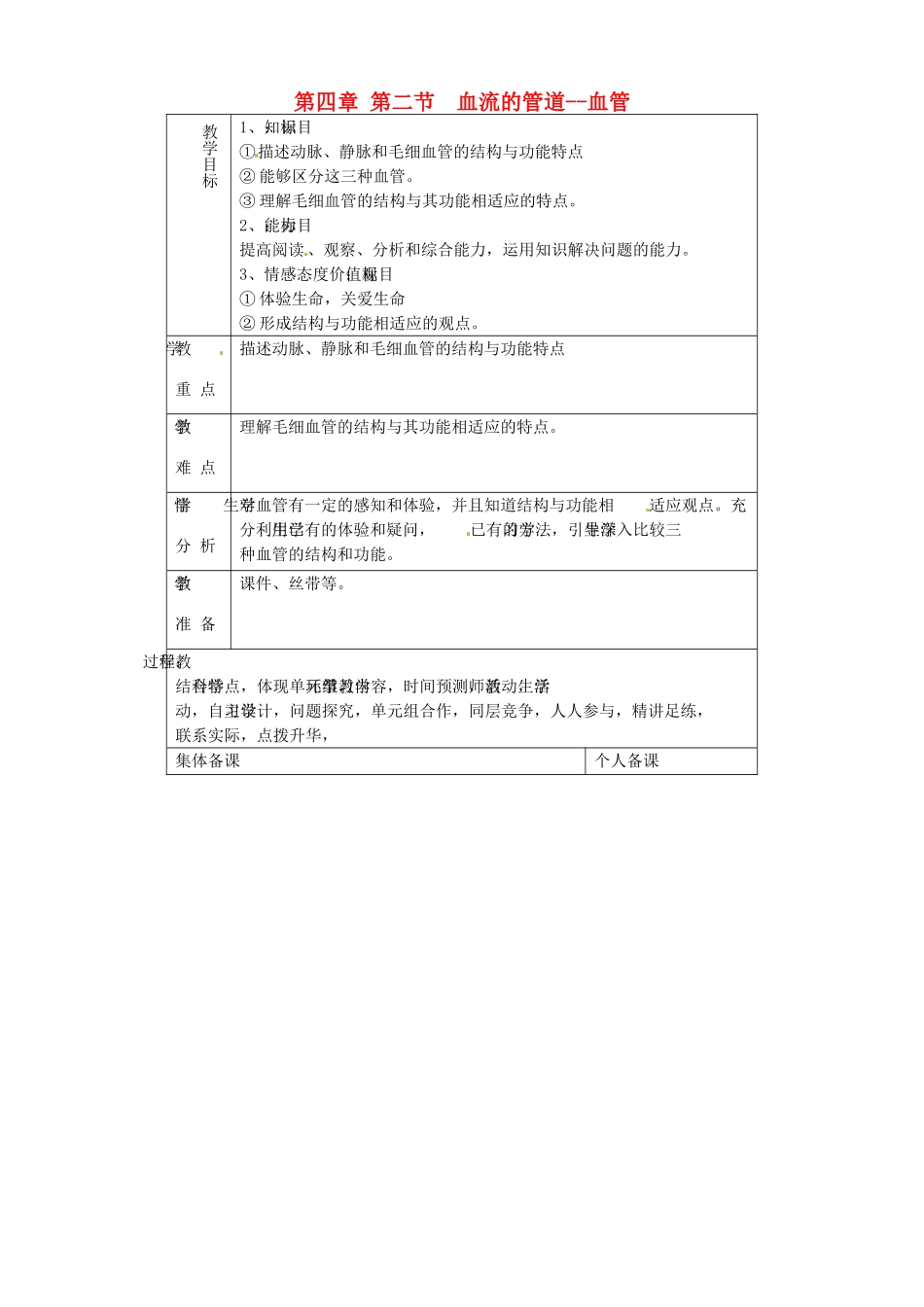 山东省淄博市临淄区第八中学七年级生物下册 4.2 血流的管道—血管教案 新人教版_第1页