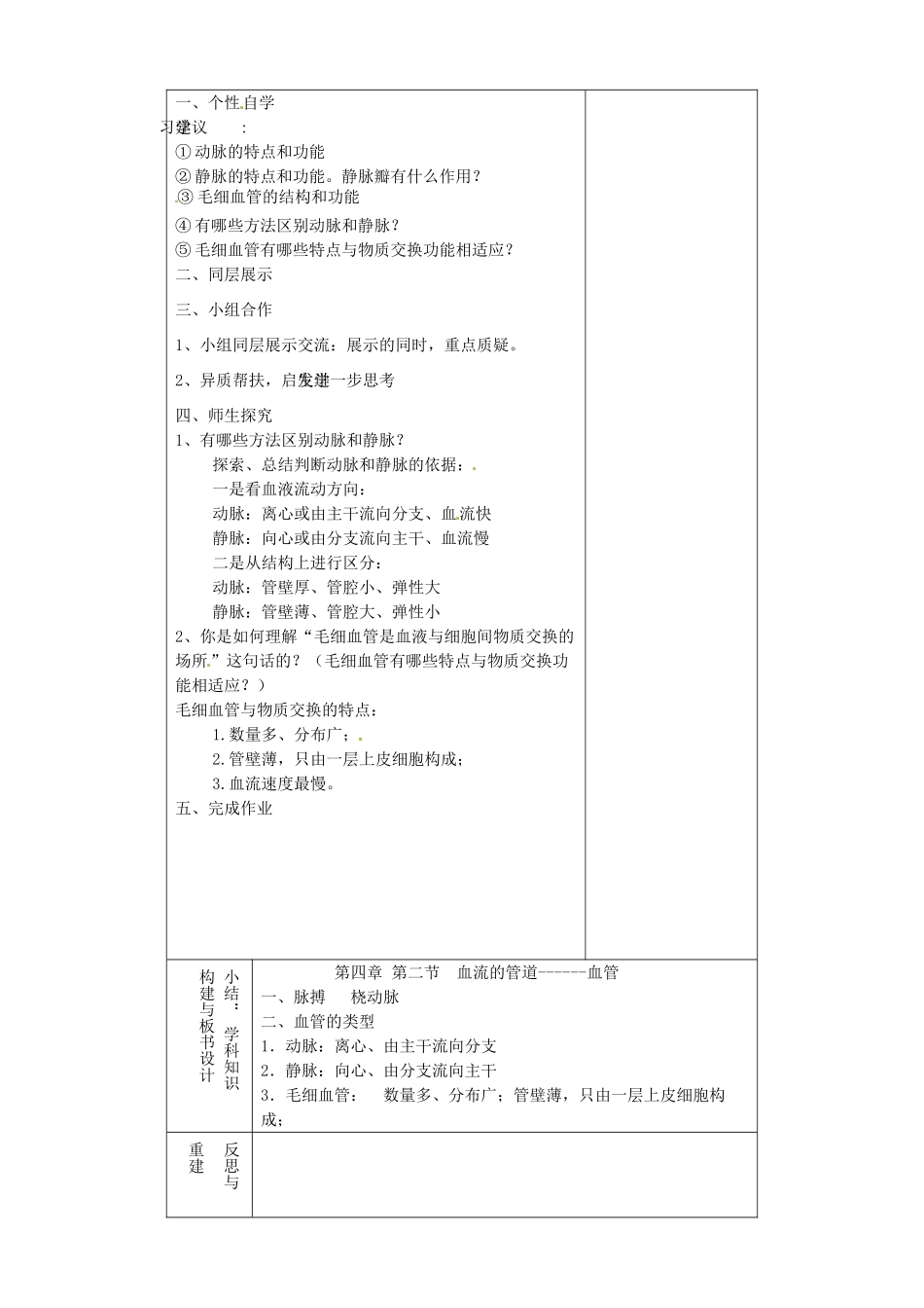 山东省淄博市临淄区第八中学七年级生物下册 4.2 血流的管道—血管教案 新人教版_第2页