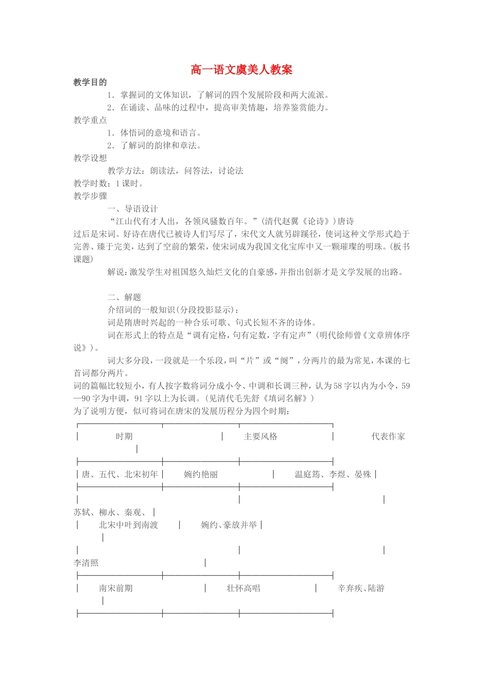高一语文虞美人教案 苏教版 必修四_第1页