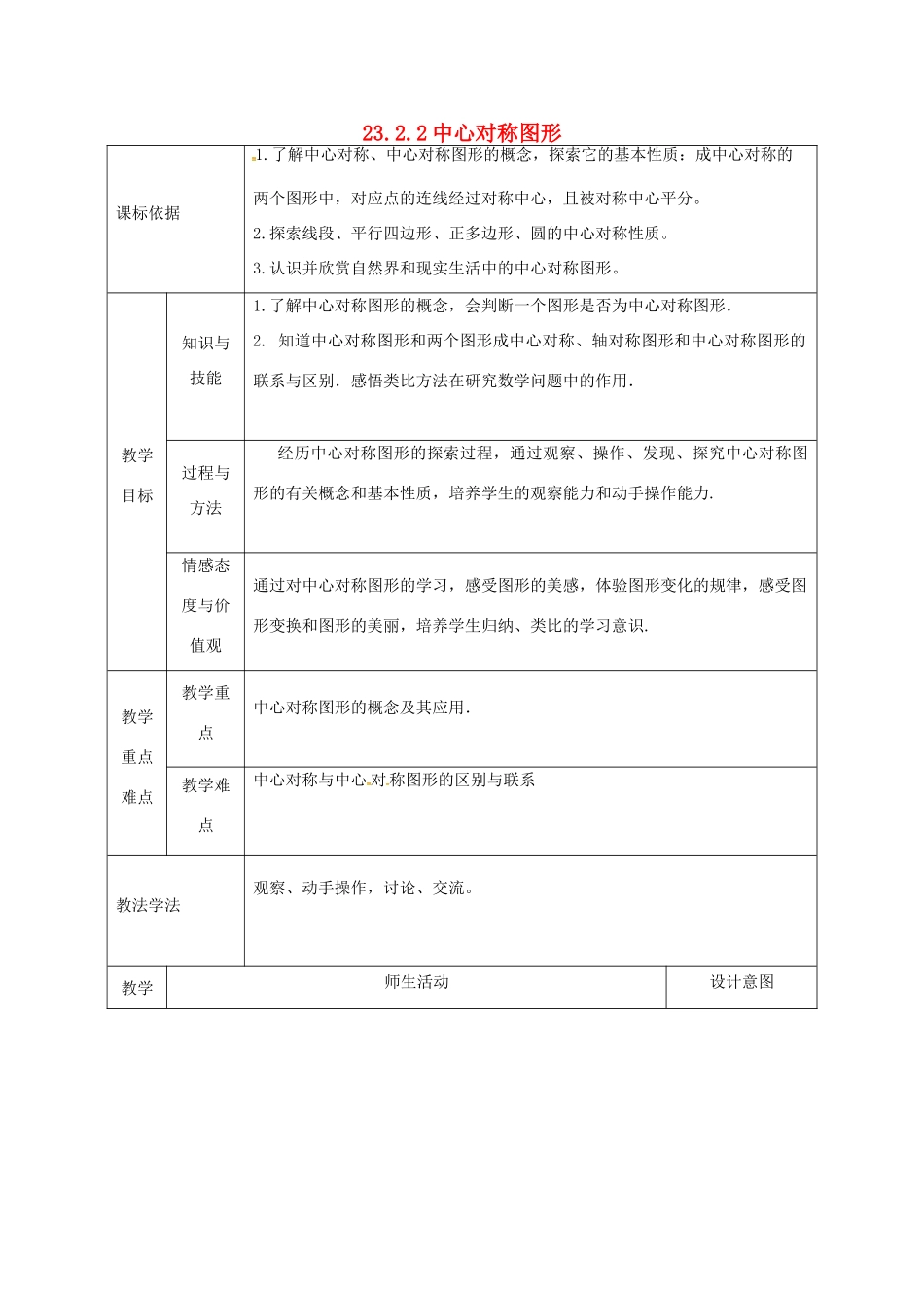 陕西省安康市石泉县池河镇九年级数学上册 23.2 中心对称 23.2.2 中心对称图形教案 （新版）新人教版-（新版）新人教版初中九年级上册数学教案_第1页