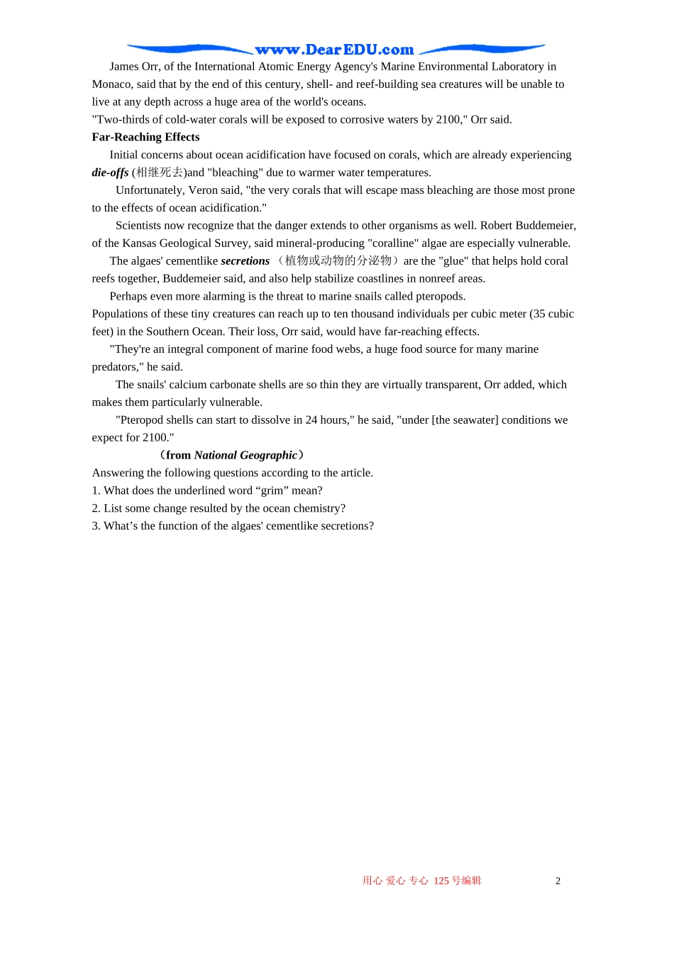 高中英语 阅读训练 Acid Oceans Threatening Marine Food Chain, Experts Warn_第2页