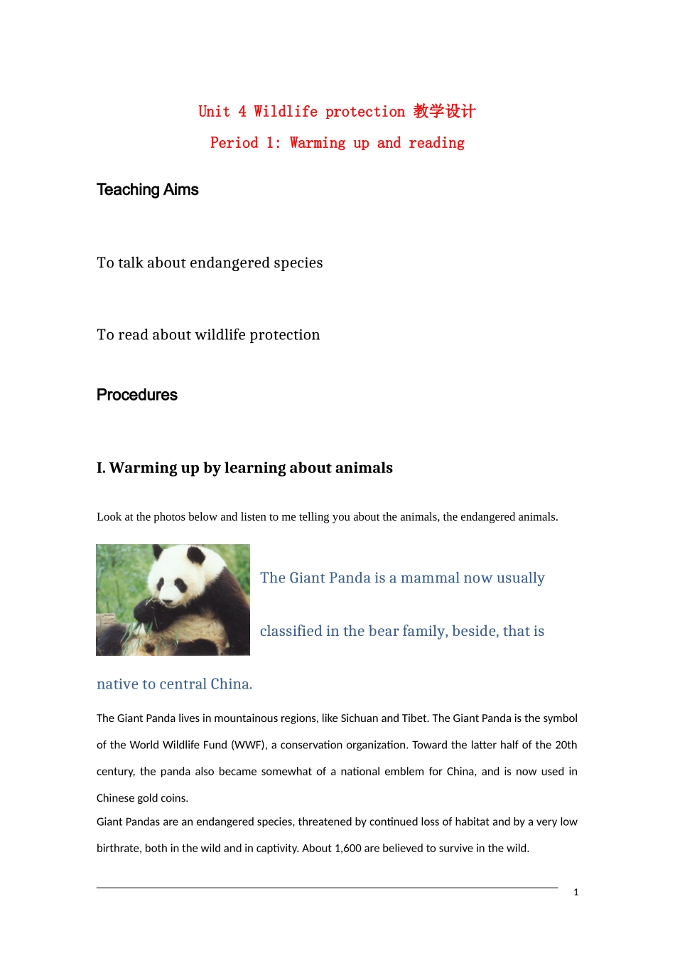 高中英语 unit4《wildlife protection—warming up and reading》教案 新人教版必修2_第1页