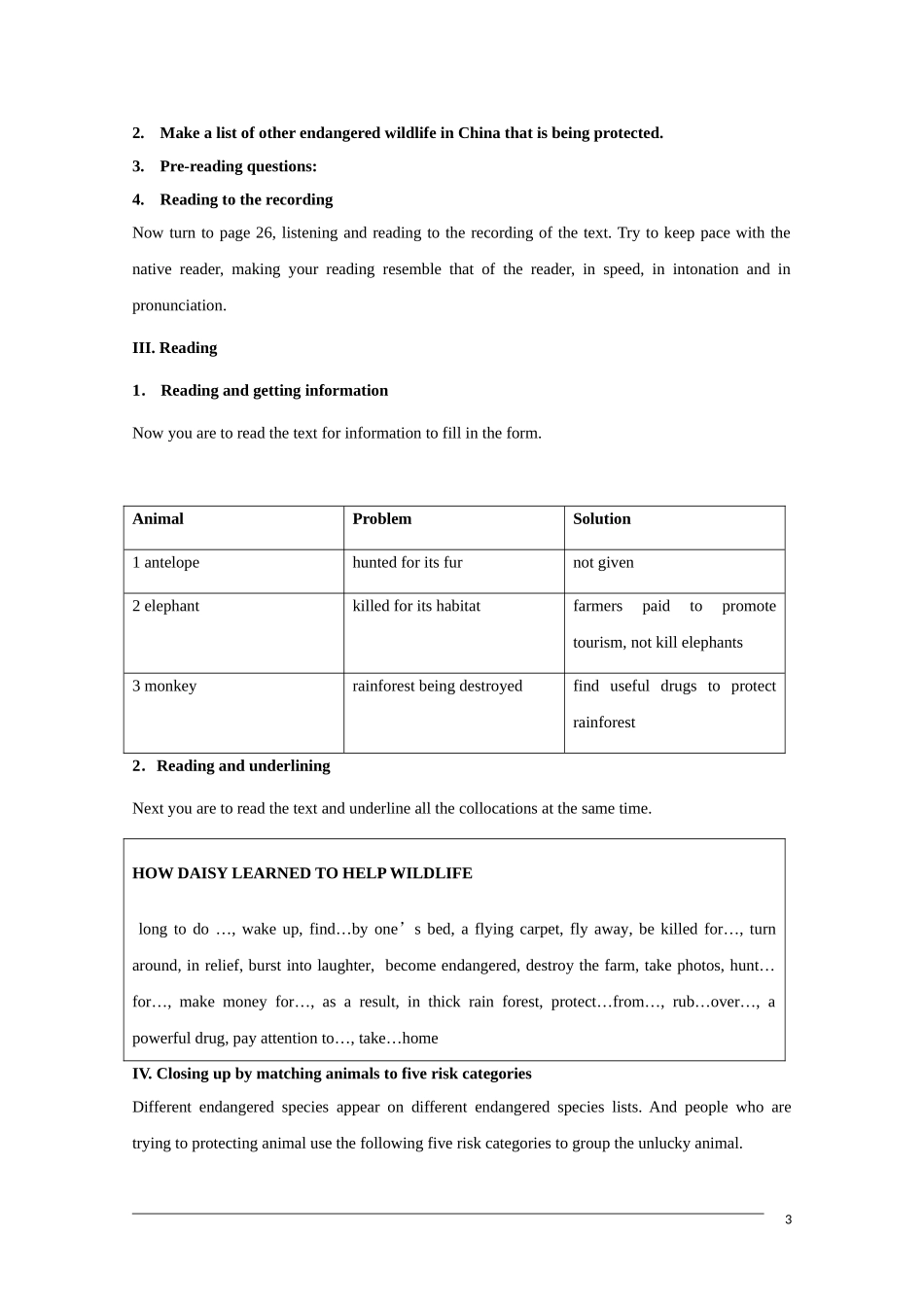 高中英语 unit4《wildlife protection—warming up and reading》教案 新人教版必修2_第3页