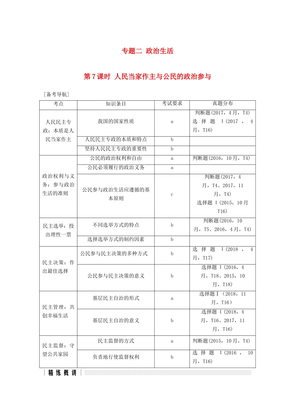 浙江省高考政治二轮复习高分突破 第一篇 考点练讲专题 二 政治生活 第7课时 人民当家作主与公民的政治参与讲义-人教版高三全册政治教案_第1页
