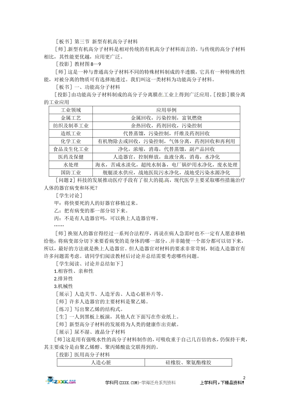 高二化学 8.3《新型有机高分子材料》第一课时教案 大纲人教版_第2页
