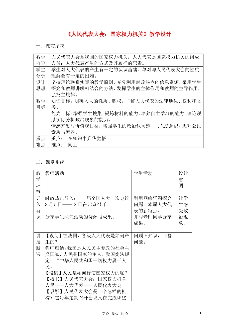 高中政治 《人民代表大会：国家权力机关》 教案 新人教版必修2_第1页