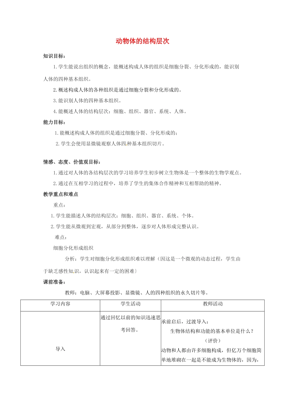 云南省师范大学五华区实验中学七年级生物上册 2.2.2 动物体的结构层次教案 （新版）新人教版_第1页