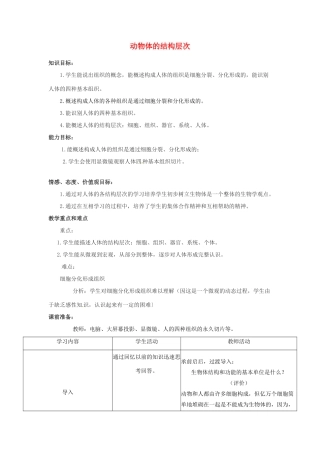 云南省师范大学五华区实验中学七年级生物上册 2.2.2 动物体的结构层次教案 （新版）新人教版