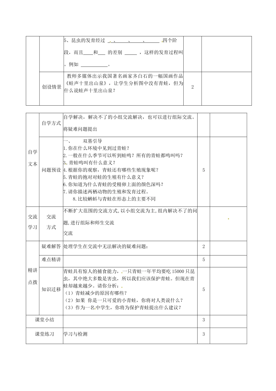 山东省邹平县实验中学八年级生物上册《4.2.2 两栖动物的生殖和发育》教案 济南版_第2页