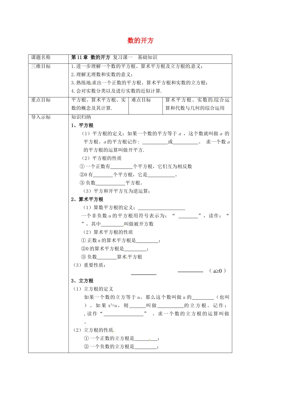 重庆市沙坪坝区虎溪镇八年级数学上册 第11章 数的开方复习（1）教案 （新版）华东师大版-（新版）华东师大版初中八年级上册数学教案_第1页