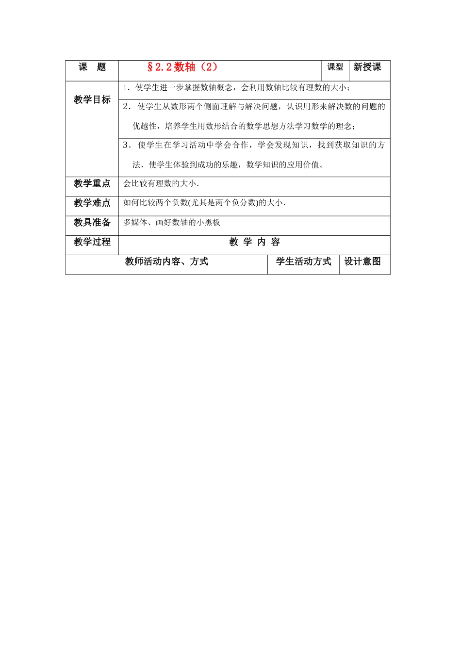 苏科版数学七年级上册2.2数轴（二）教案_第1页