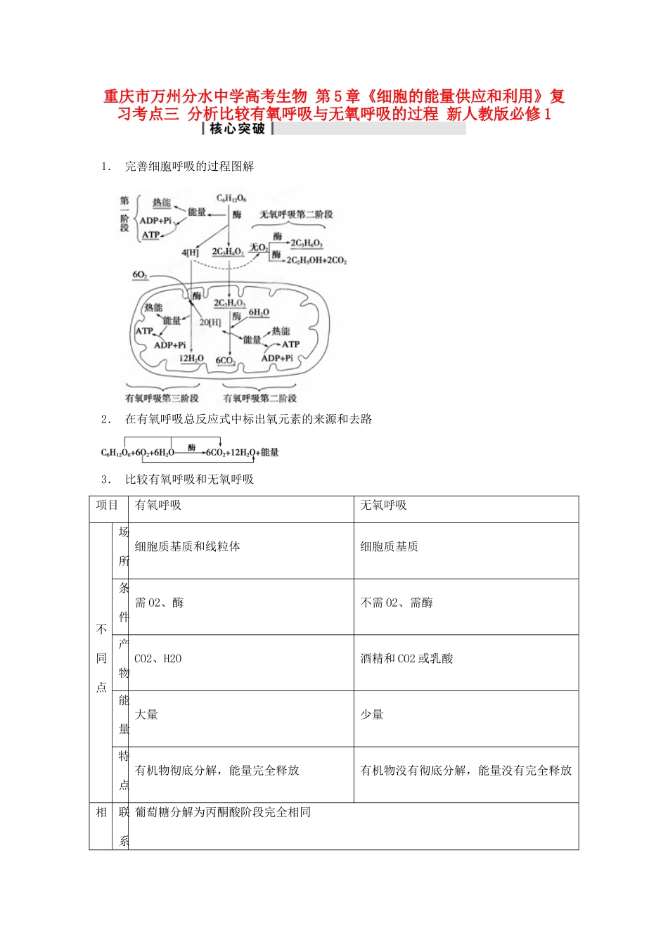 重庆市万州分水中学高考生物 第5章《细胞的能量供应和利用》复习考点三 分析比较有氧呼吸与无氧呼吸的过程 新人教版必修1_第1页