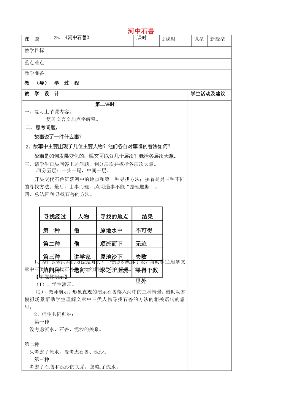 河南省濮阳市南乐县谷金楼乡中心校七年级语文上册 25 河中石兽教案 （新版）新人教版_第1页
