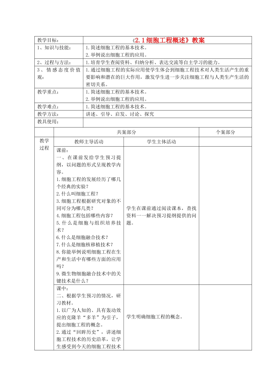 江苏省新沂市棋盘中学高中生物 《2.1细胞工程概述》教案 新人教版选修3_第1页