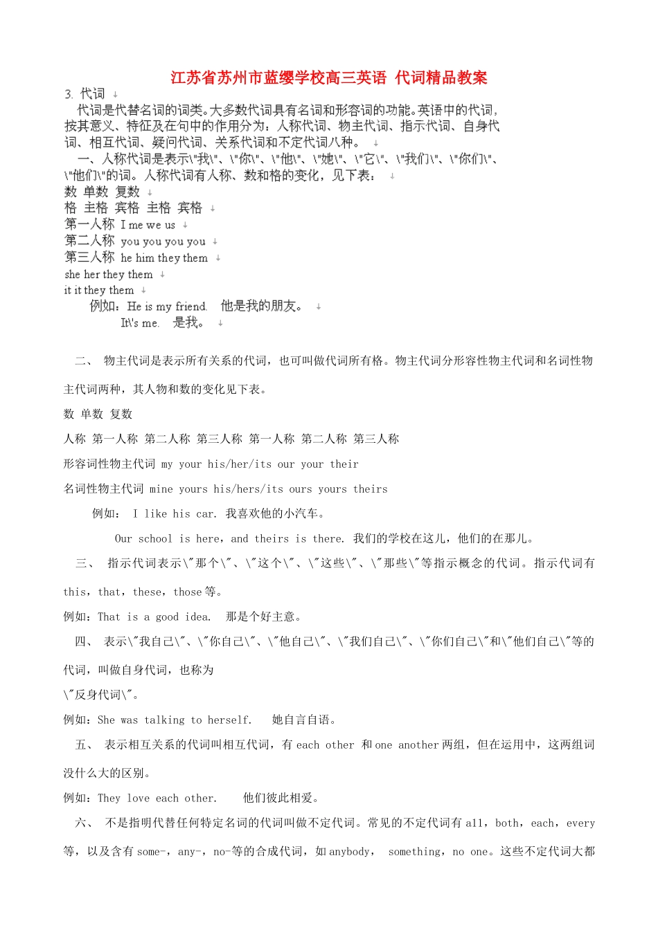 江苏省苏州市蓝缨学校高三英语 代词精品教案_第1页