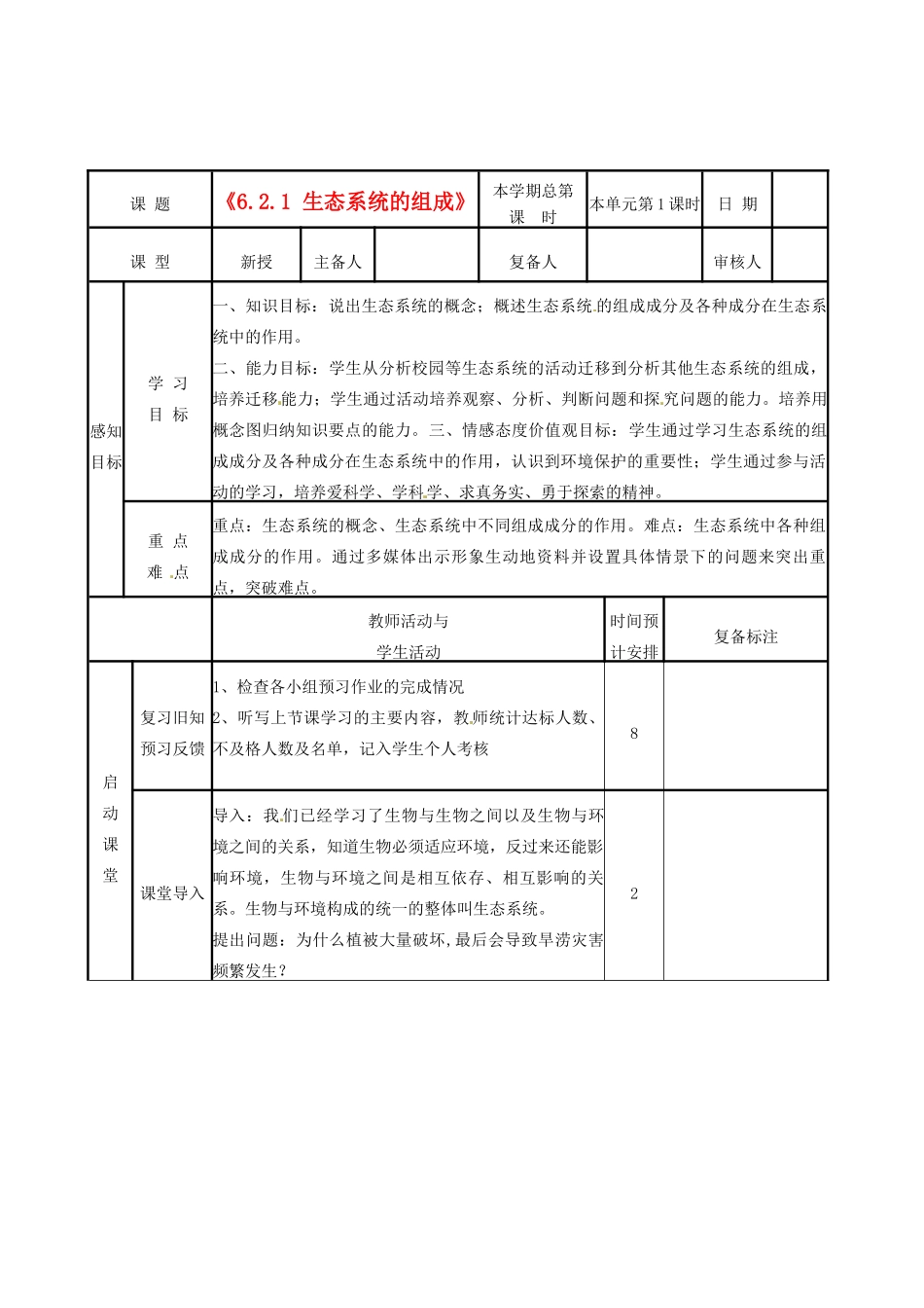 山东省邹平县实验中学八年级生物下册《6.2.1 生态系统的组成》教案 新人教版_第1页