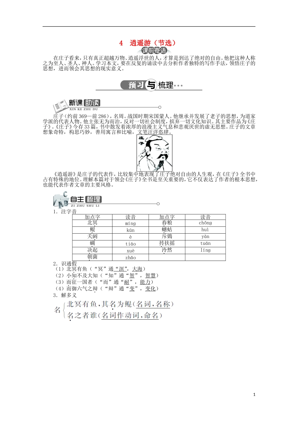 高中语文 第一单元 第4课逍遥游（节选）精品导学案（详解版）北京版必修5_第1页