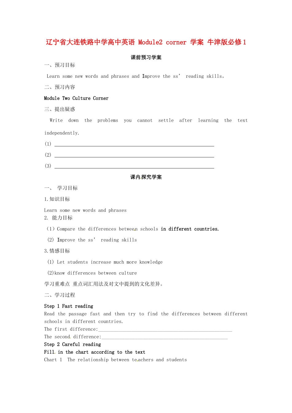 辽宁省大连铁路中学高中英语 Module2 corner 学案 牛津版必修1_第1页