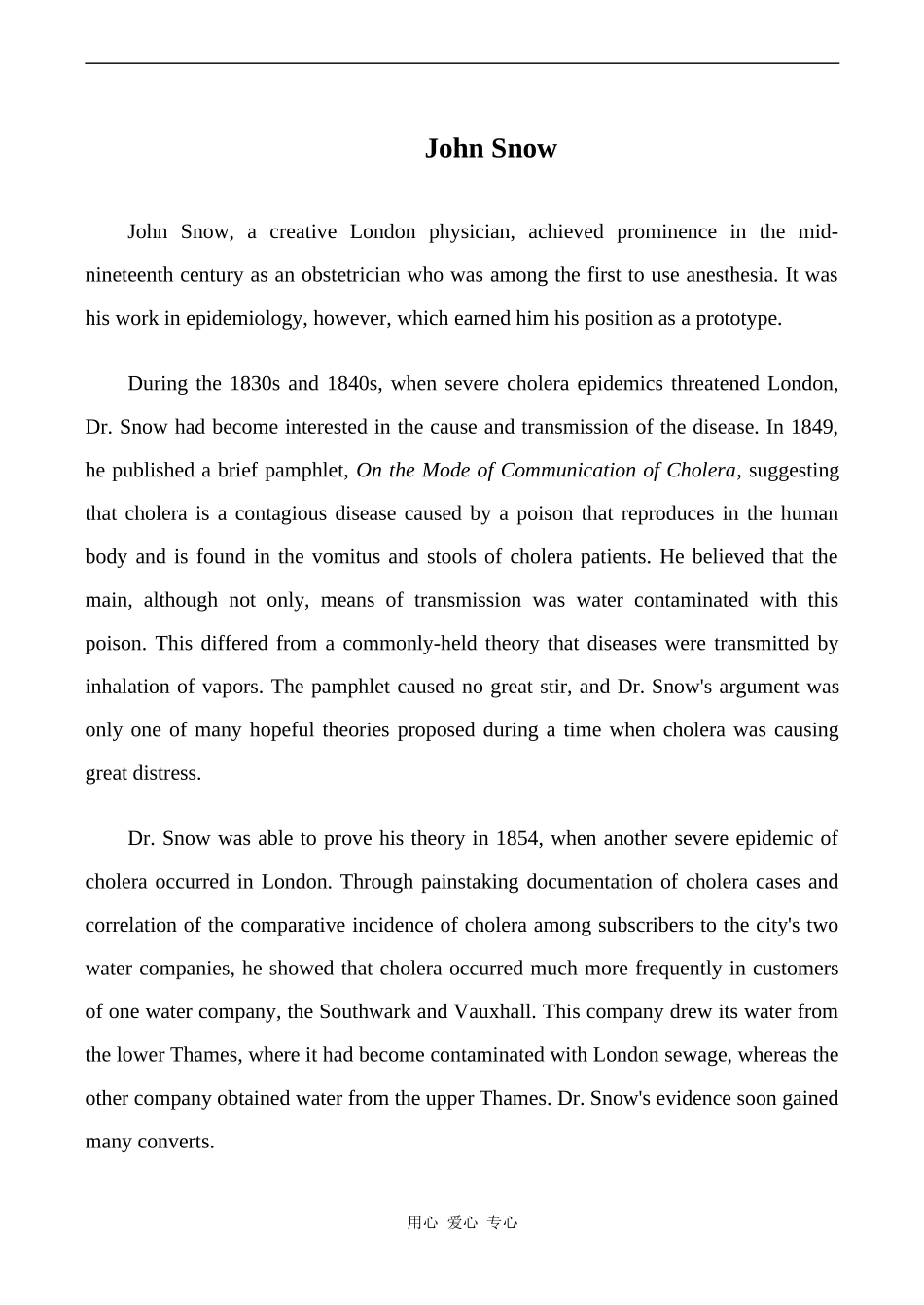 高中英语Unit1 Great scientists文章 John Snow人教版必修五_第1页