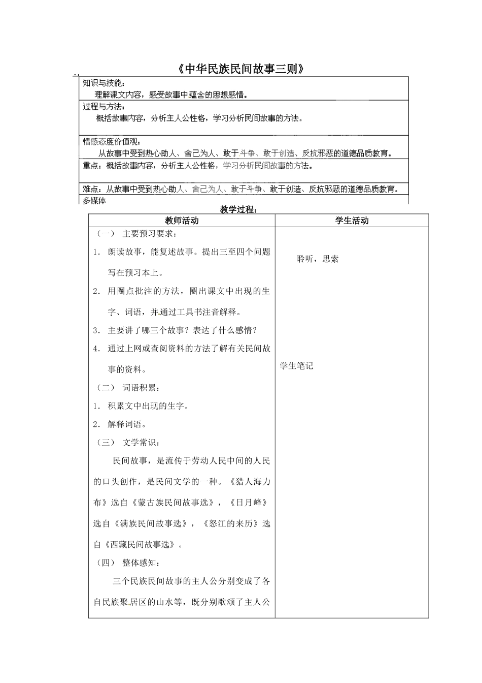 北京市大兴区魏善庄中学七年级语文上册 第五单元 第19课 中华民族民间故事三则教案 北京课改版_第1页