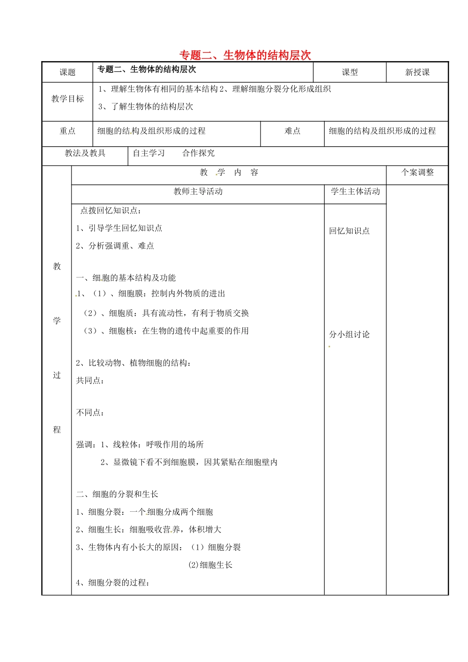 中考生物 专题二 生物体的结构层次复习教案（1） 苏科版-苏科版初中九年级全册生物教案_第1页