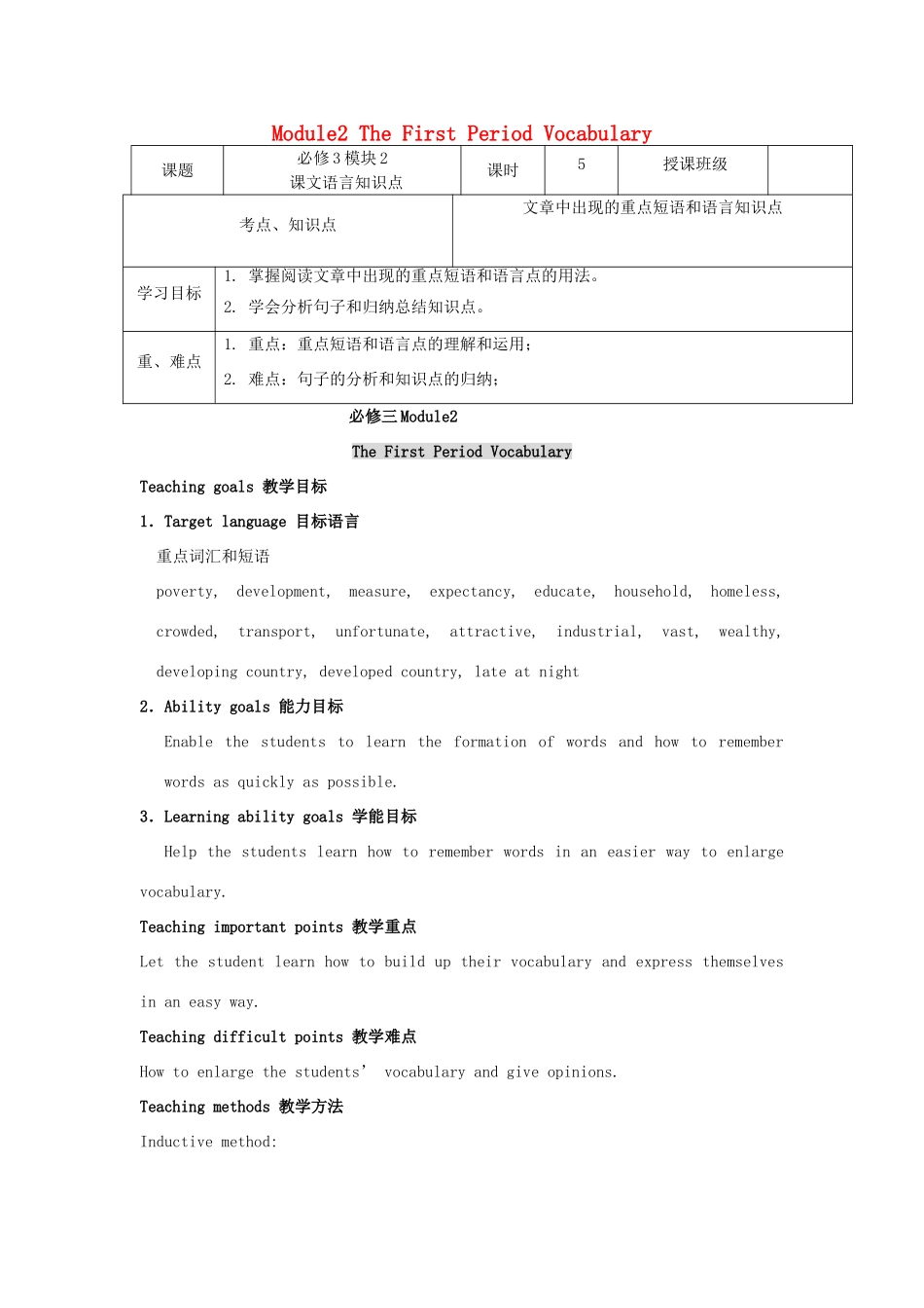 高中英语下学期第4周 Module2 The First Period Vocabulary教学设计-人教版高中全册英语教案_第1页