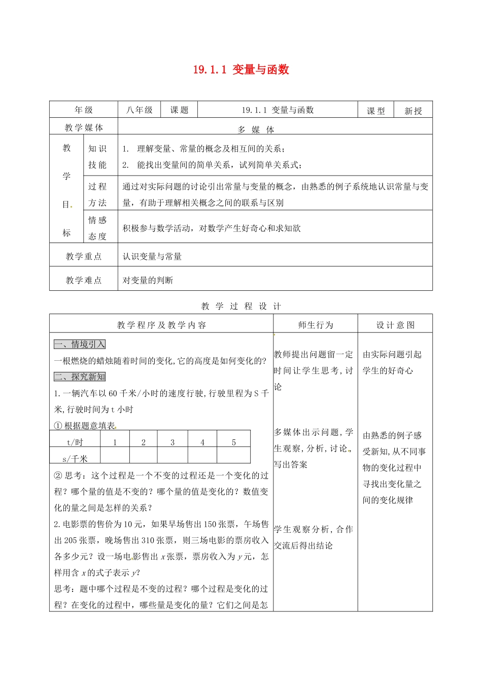 陕西省安康市紫阳县紫阳中学八年级数学下册 19.1.1 变量与函数教案 （新版）新人教版_第1页