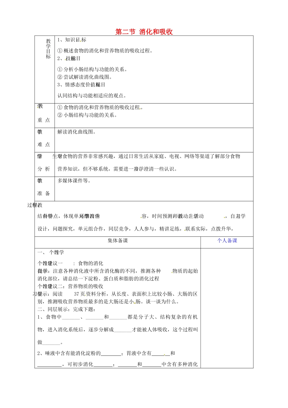 山东省淄博市临淄区第八中学七年级生物下册 2.2 消化和吸收复习教案1 新人教版_第1页