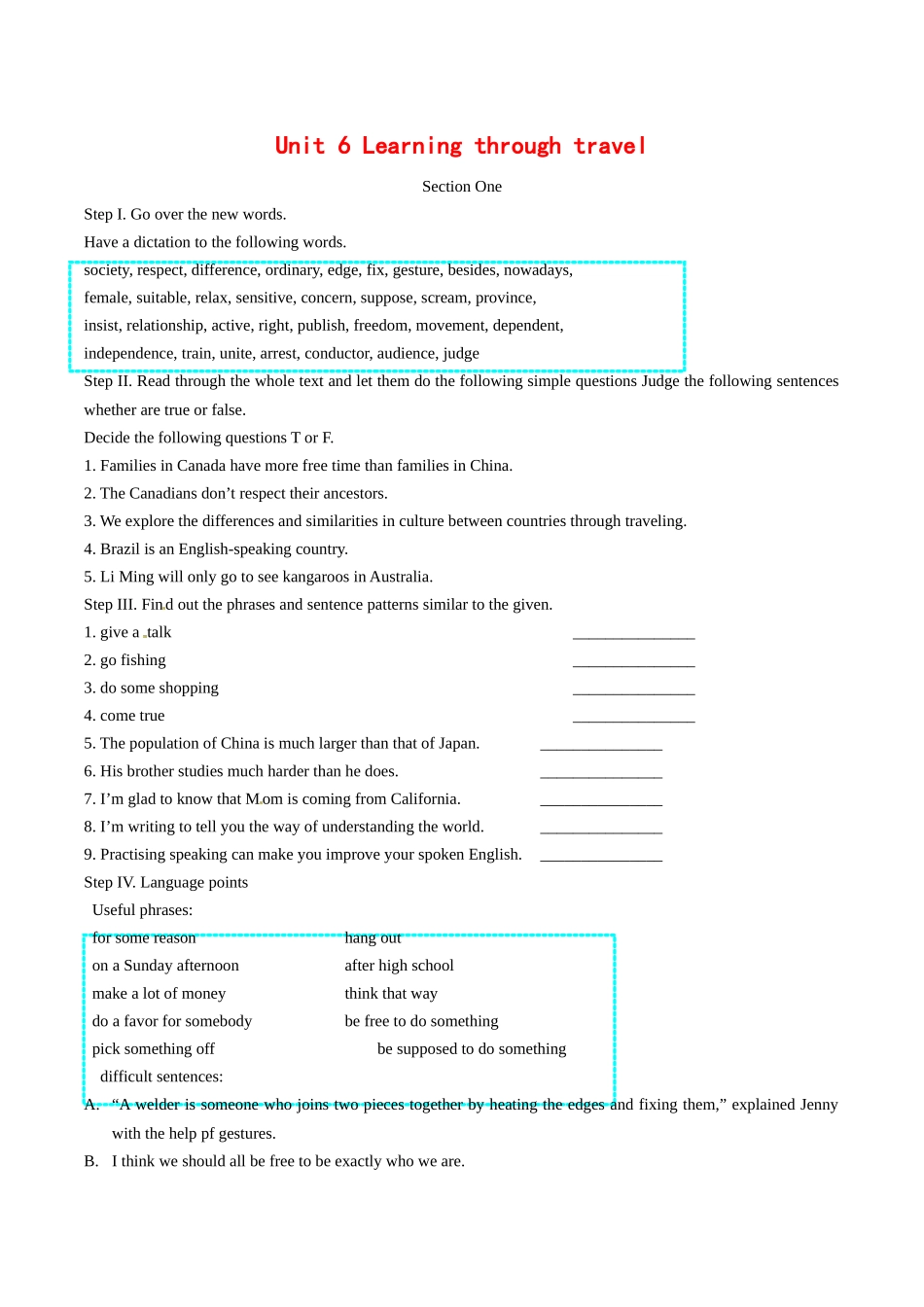 高中英语：unit6 learning through travel教案冀教版必修1_第1页