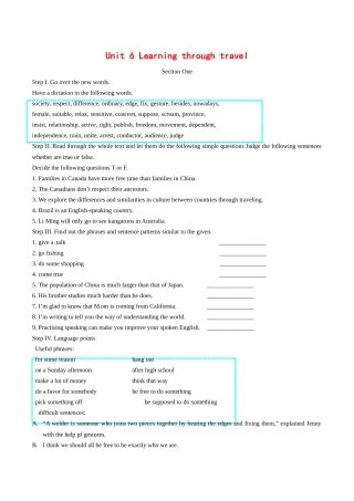 高中英语：unit6 learning through travel教案冀教版必修1