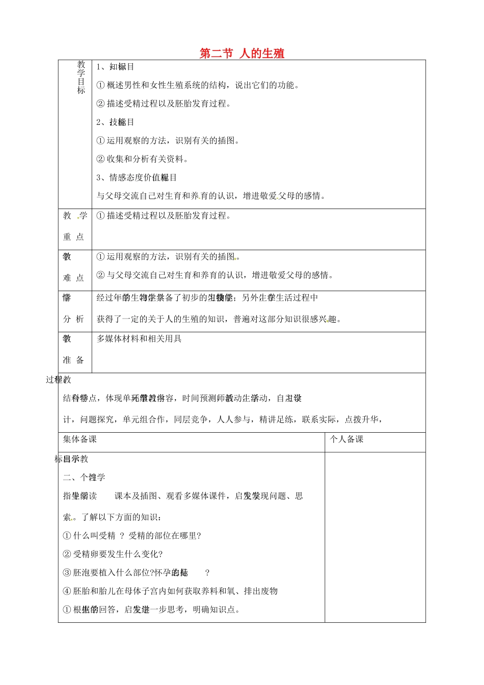 山东省淄博市临淄区第八中学七年级生物下册 1.2 人的生殖教案2 新人教版_第1页