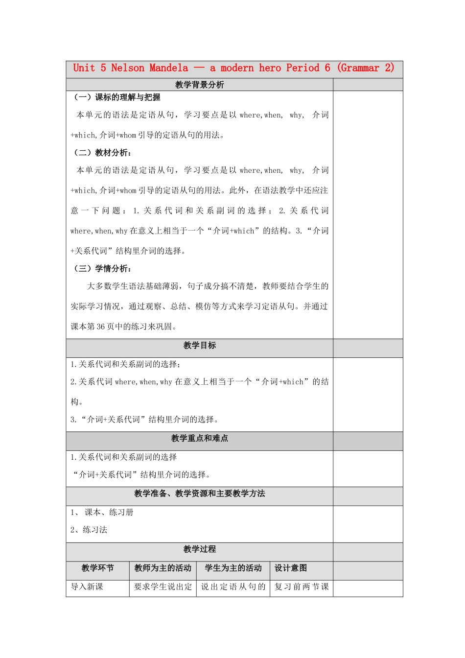 高中英语 Unit5 Nelson Mandela-a modern hero Grammar教案2 新人教版必修1-新人教版高一必修1英语教案_第1页