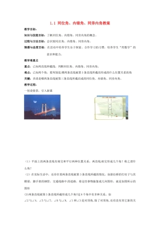 浙江省温州市平阳县鳌江镇第三中学八年级数学上册 1.1 同位角、内错角、同旁内角教案 浙教版