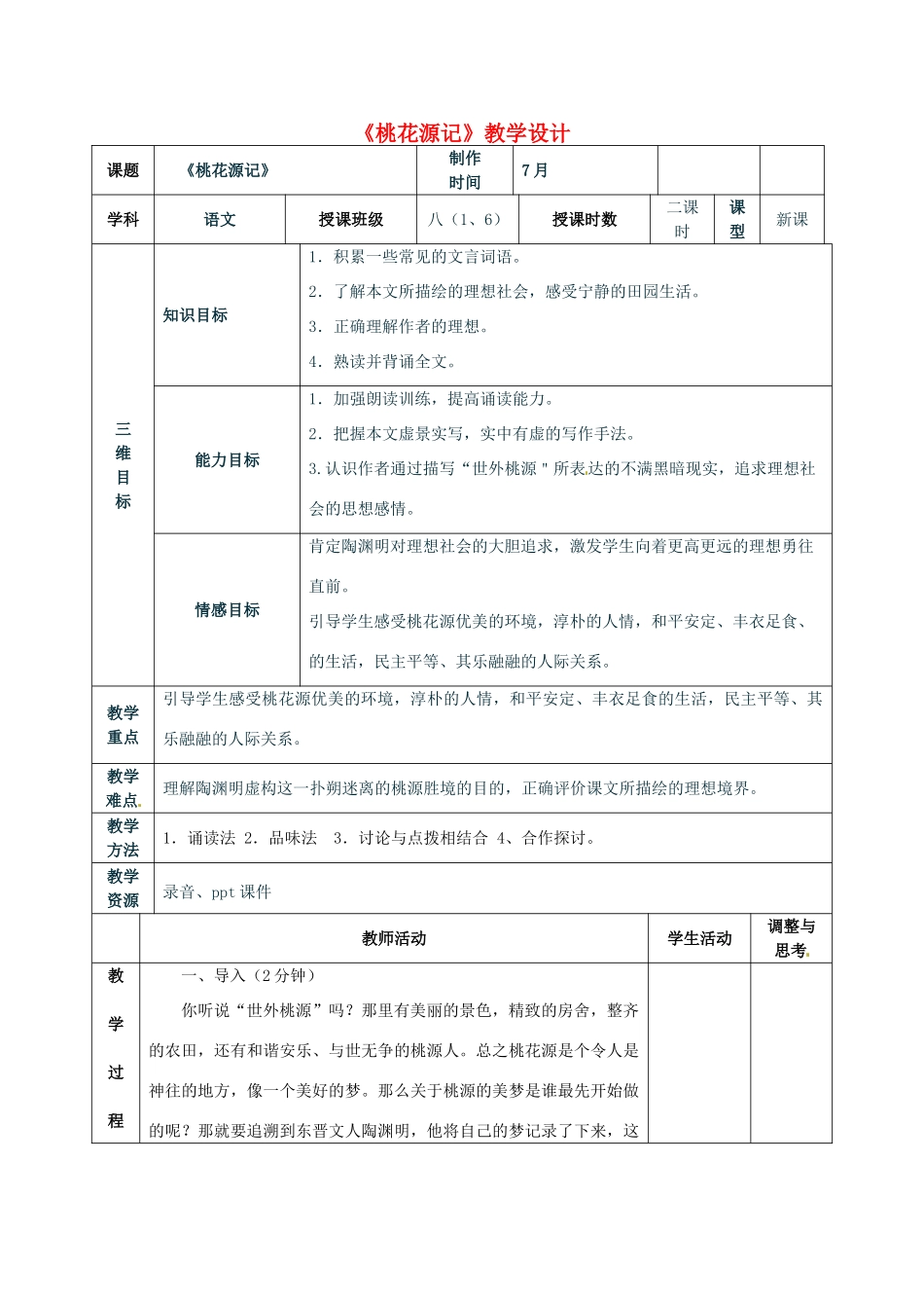 河南省洛阳六中八年级语文下册《桃花源记》教学设计 新人教版_第1页