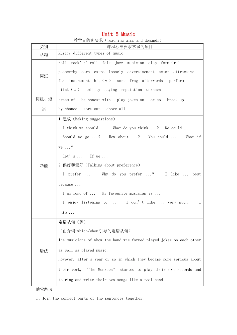 高中英语 Unit5 Music教案 新人教版必修2-新人教版高一必修2英语教案_第1页