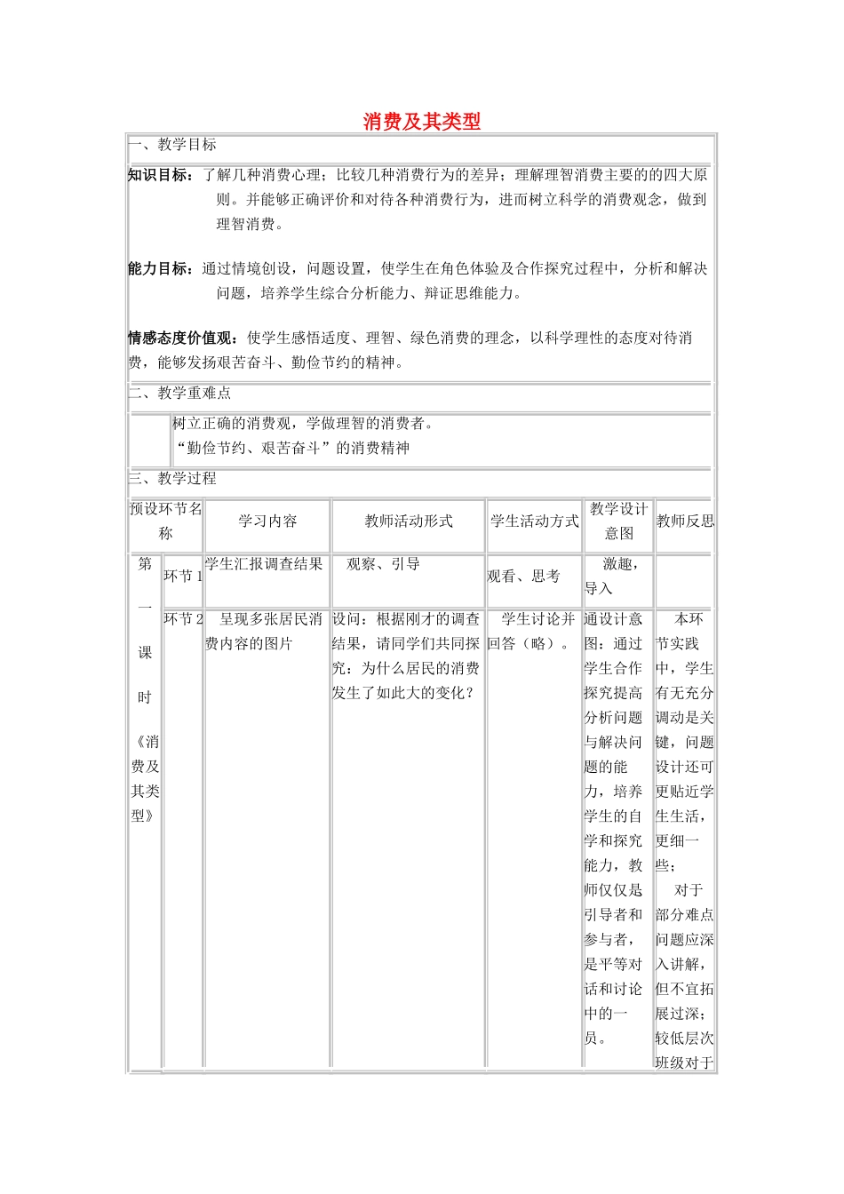 四川省宜宾市一中高一政治上学期第6、7周教学设计（消费及其类型）-人教版高一全册政治教案_第1页
