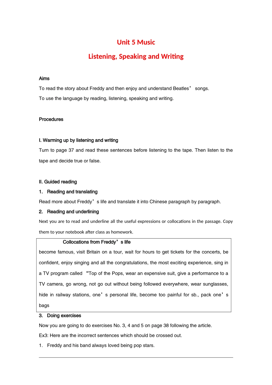 高中英语：Unit5 Listening,Speaking and Writing教案（新人教版必修2）河北地区专用_第1页