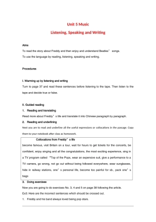 高中英语：Unit5 Listening,Speaking and Writing教案（新人教版必修2）河北地区专用