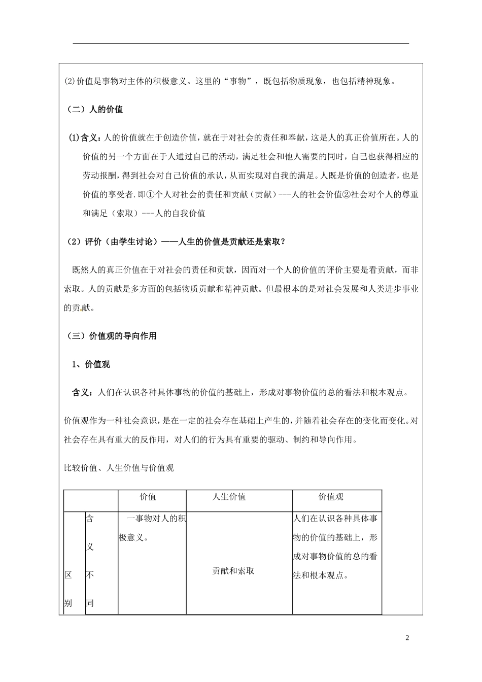 江苏省连云港市灌云县四队中学高中政治《12.1 价值与价值观》教学设计 新人教版必修4_第2页