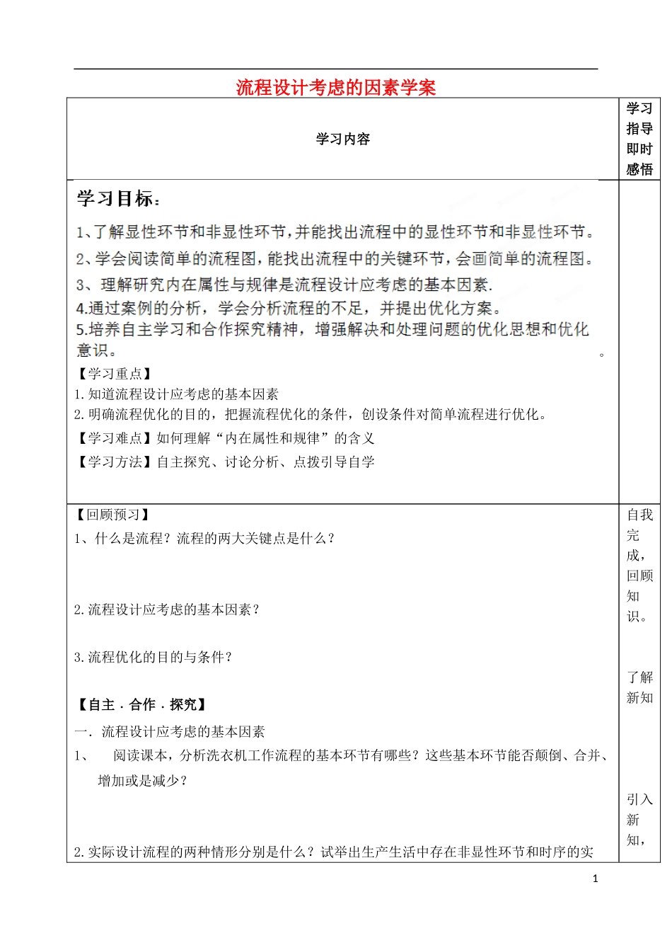 山东省泰安市肥城市第三中学高中通用技术 流程设计考虑的因素学案_第1页