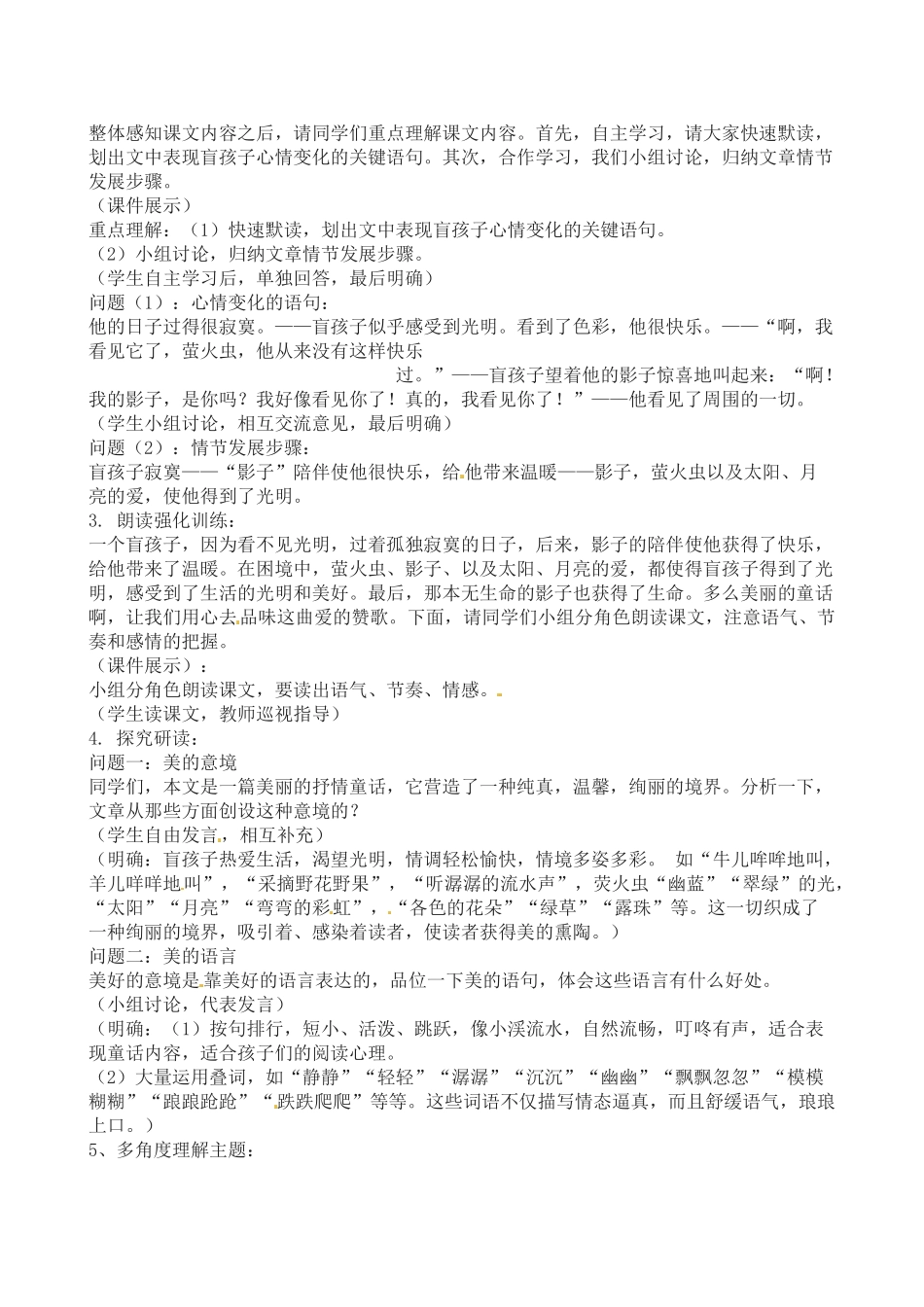 贵州省兴义八中10-11学年七年级语文上册 《盲孩子和他的影子》同步教案 人教新课标版_第2页