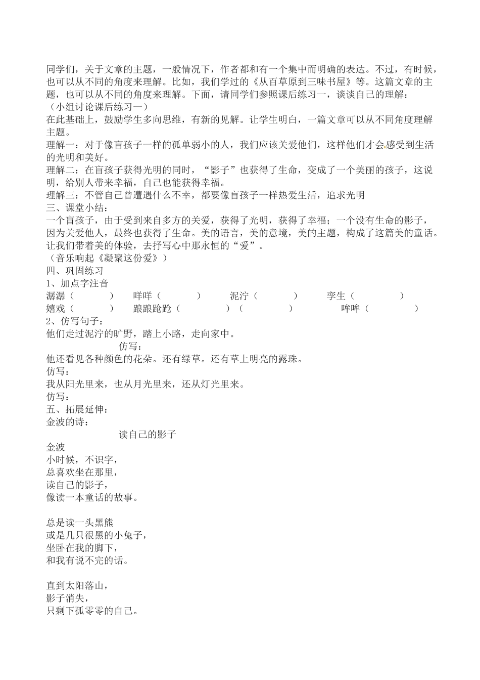 贵州省兴义八中10-11学年七年级语文上册 《盲孩子和他的影子》同步教案 人教新课标版_第3页