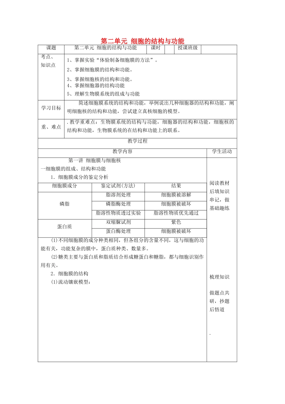 四川省宜宾市一中高二生物 第二单元 细胞的结构与功能教学设计-人教版高二全册生物教案_第1页