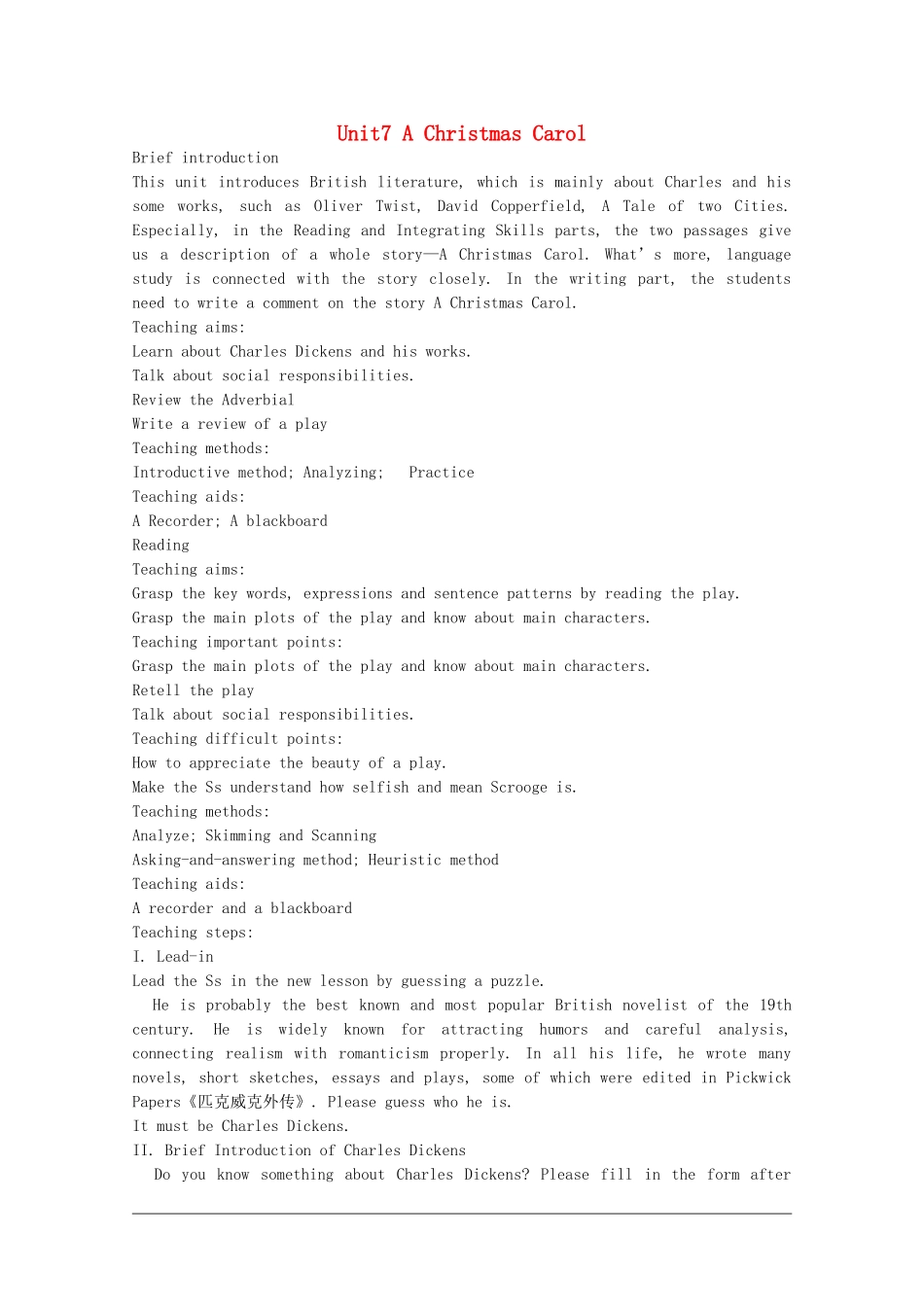 高中英语：Unit7 a Christmas Carol教案（旧人教版必修5）_第1页