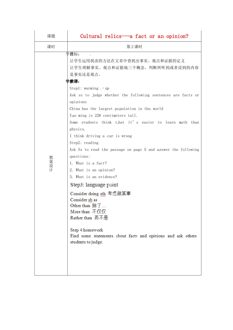 高中英语校本课程话题阅读 2 Cultural relics-a fact or an opinion教案-人教版高中全册英语教案_第1页