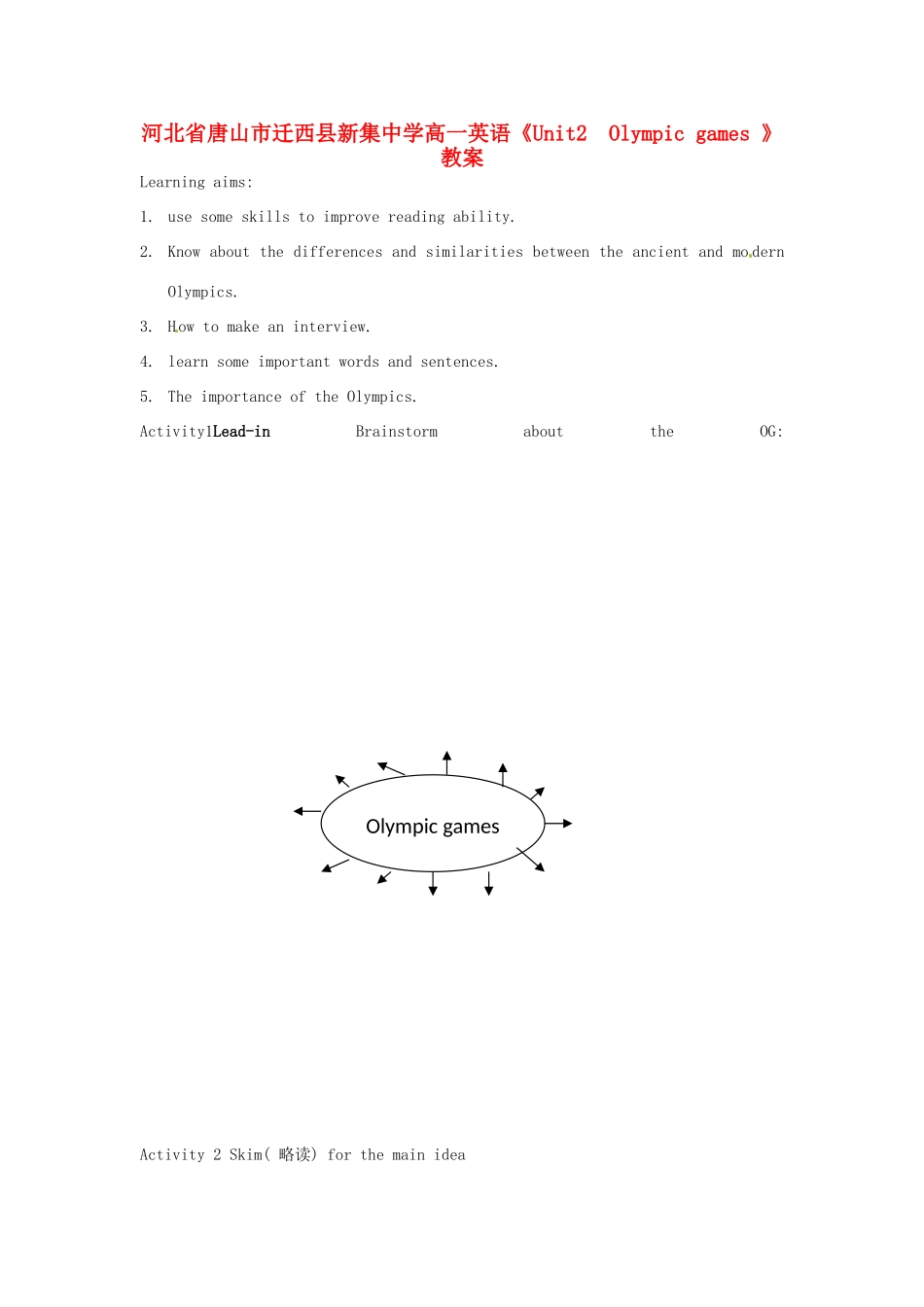 河北省唐山市迁西县新集中学高一英语《Unit2  Olympic games 》教案_第1页