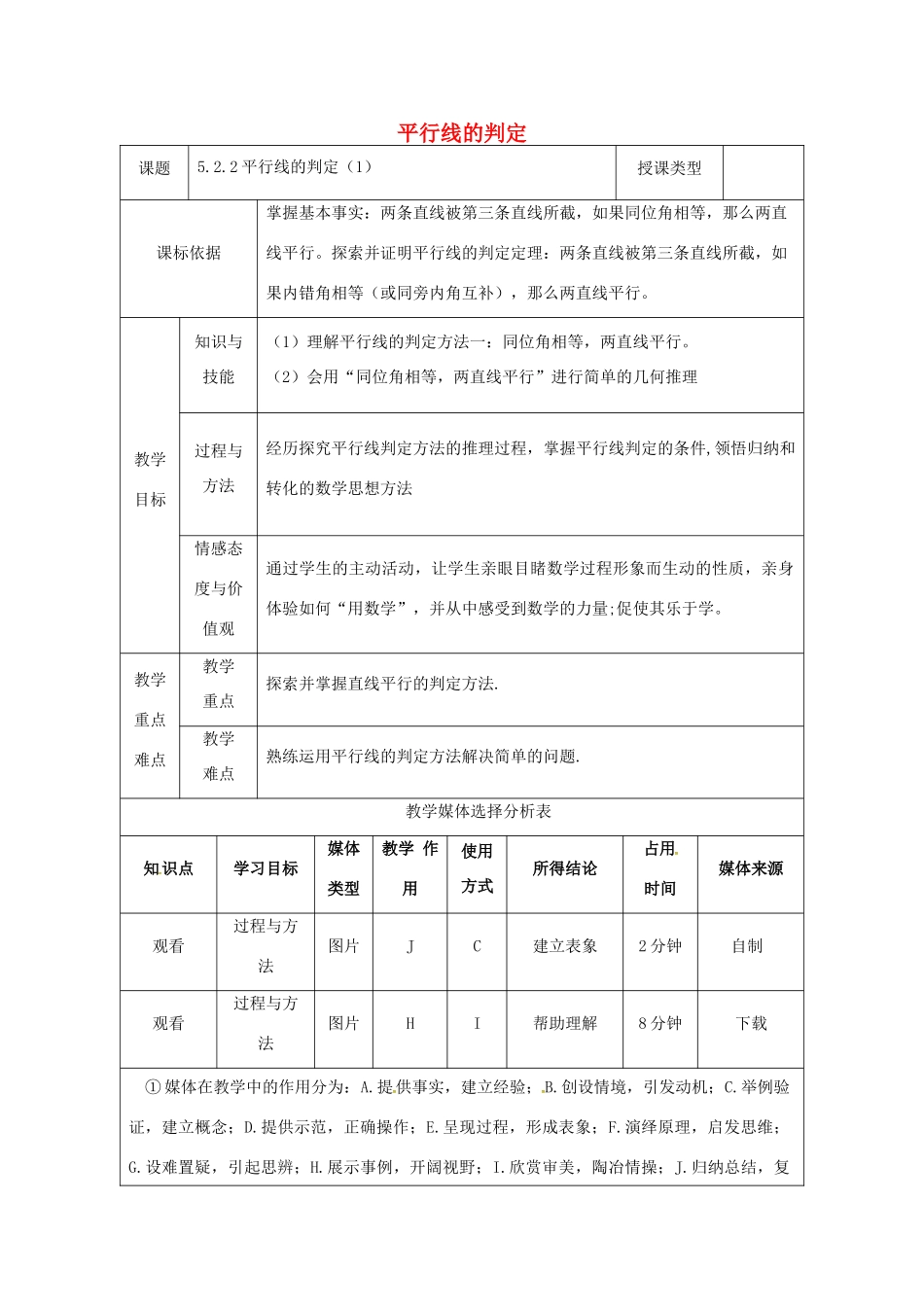 陕西省安康市石泉县池河镇七年级数学下册 5.2 平行线及其判定 5.2.2 平行线的判定（1）教案 （新版）新人教版-（新版）新人教版初中七年级下册数学教案_第1页