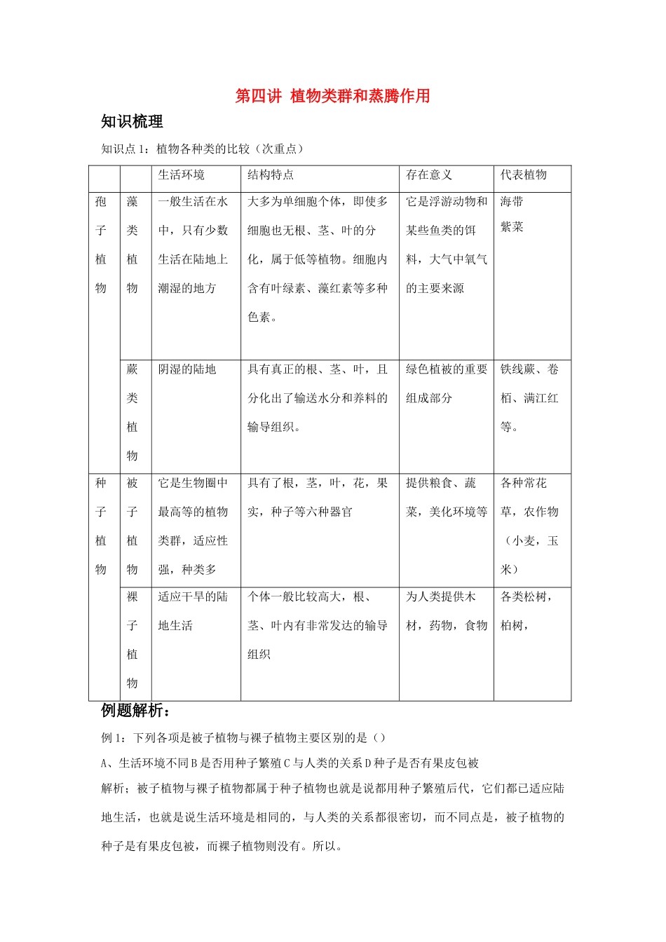 中考生物一轮复习 第四讲植物类群和蒸腾作用教案 济南版_第1页
