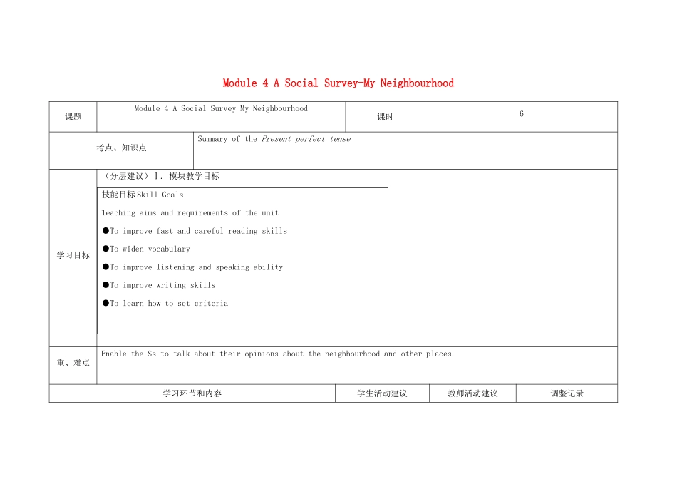 高中英语第7周 Module 4 A Social Survey-My Neighbourhood教学设计-人教版高中全册英语教案_第1页