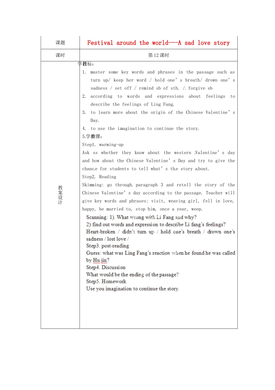 高中英语校本课程话题阅读 12 Festival around the world-A sad love story教案-人教版高中全册英语教案_第1页